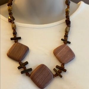 Handcarved smooth squares agates statement necklace with wood & metals accents